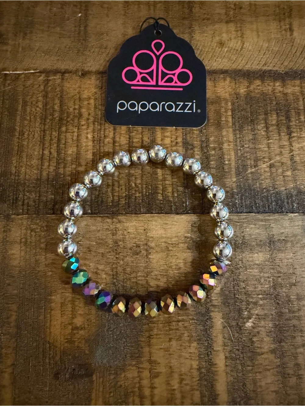 Paparazzi Silver & Iridescent Faceted Bead Stretch Bracelet